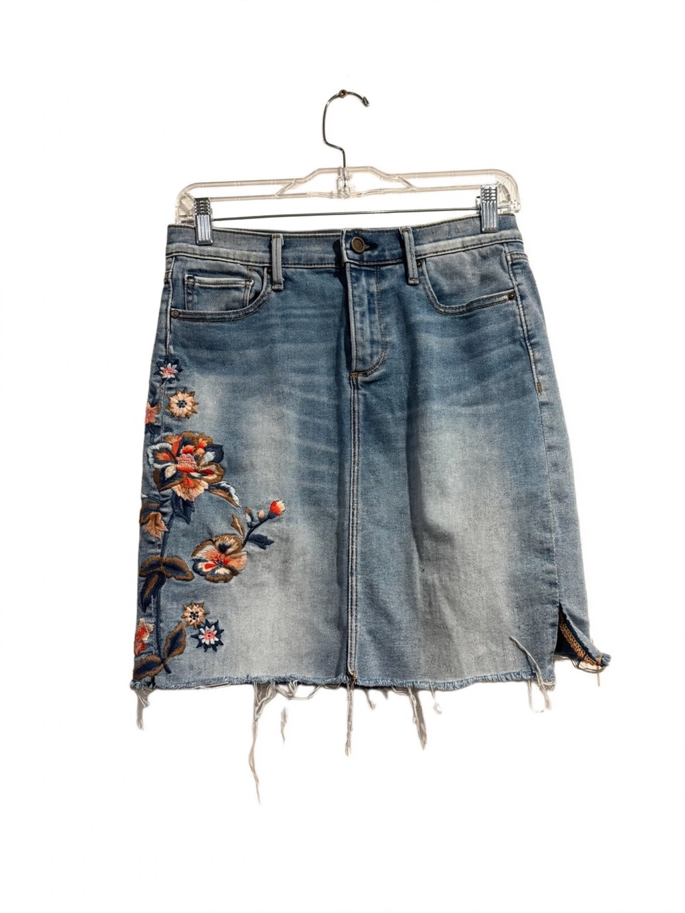 DRIFTWOOD Distressed Light Blue Denim Mini Skirt with Floral Embroidery